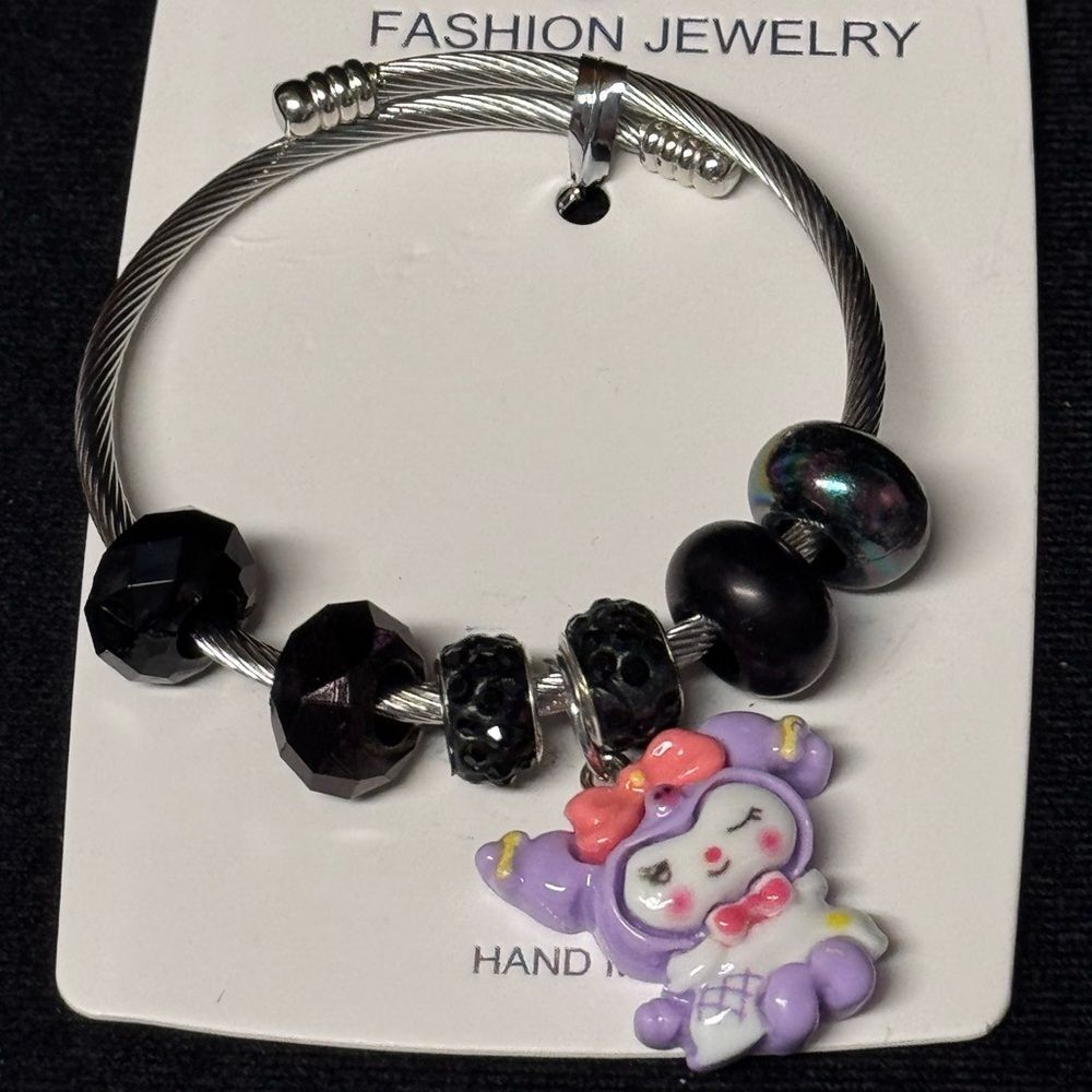 Kuromi Charm Beaded Stainless Steel Adjustable Bracelet - Black & Purple